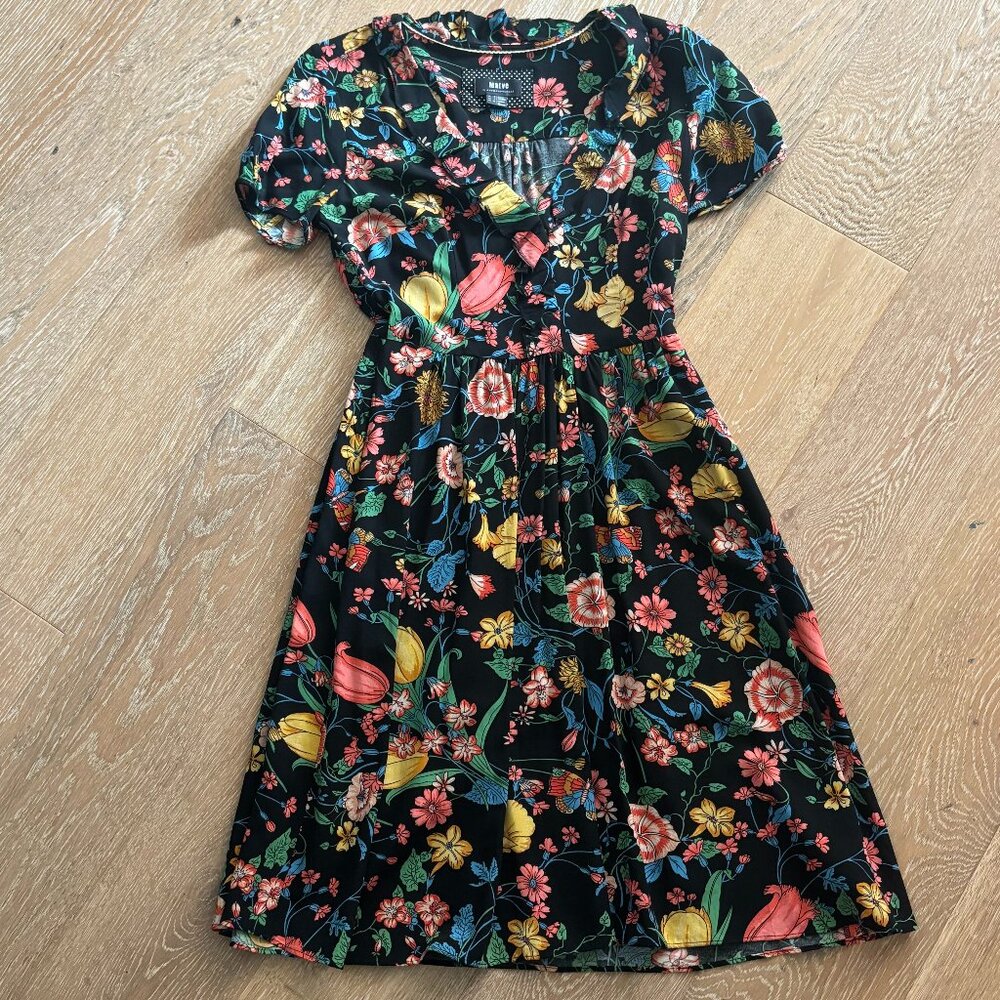 Anthropologie Maeve Black Floral Midi With Ruffle Detailing (Size 2)